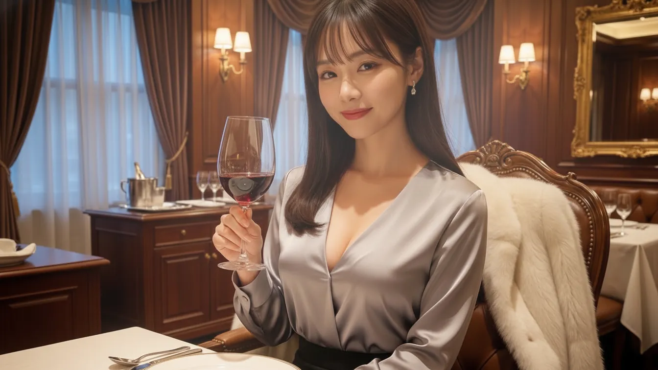 完全個室の高級レストランでワイングラスをもってこちらに微笑んでいる女性のポートレート