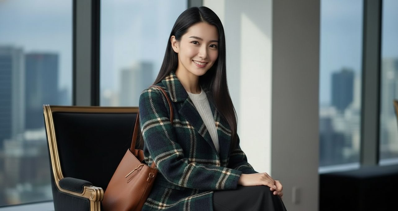 チェックのコートをきた女性がこちらを見て微笑んでいるポートレート