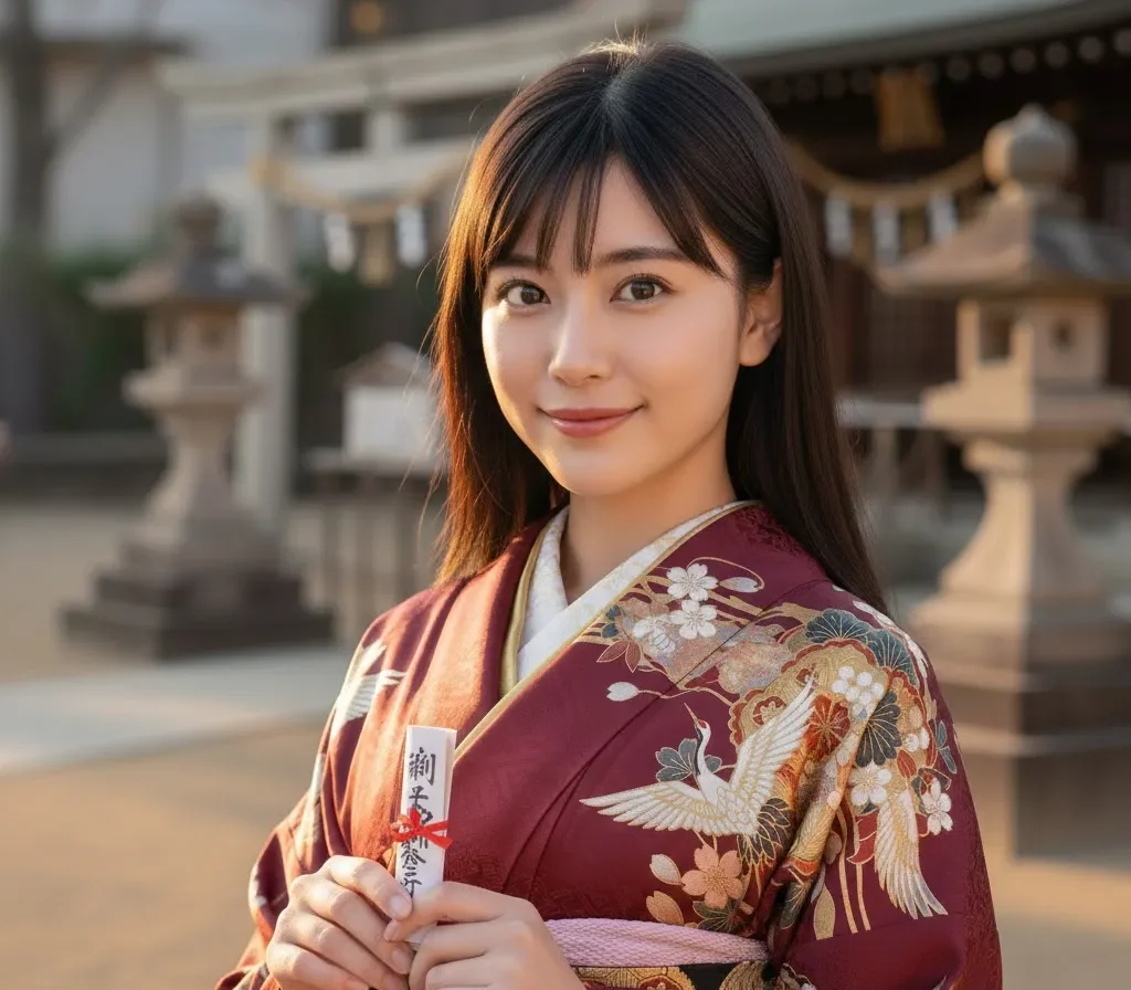 初詣で着物を着ている女性がおみくじをもってこちらを見ているポートレート画像