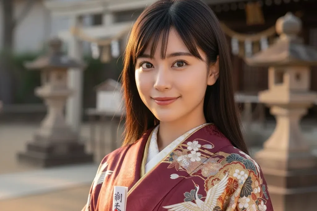 初詣で着物を着ている女性がおみくじをもってこちらを見ているポートレート画像