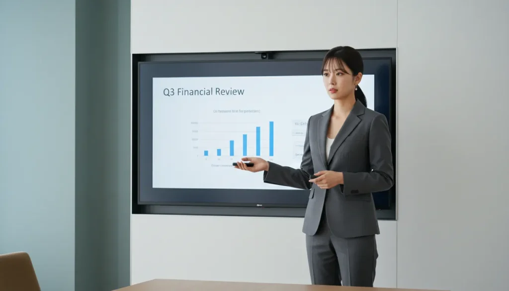 グレーのスーツを着て、プレゼンをする女性のポートレート