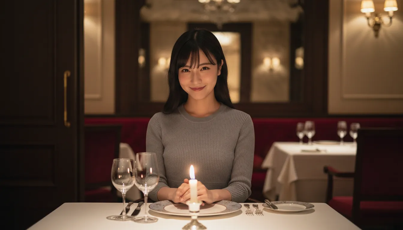 高級イタリアンの個室で一緒に食事してる女性が、不敵な笑みを浮かべながらこちらを見ている