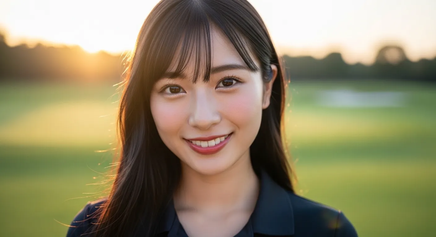 ゴルフ場で笑顔を振りまいているゴルフ女子の愛華さんのポートレート