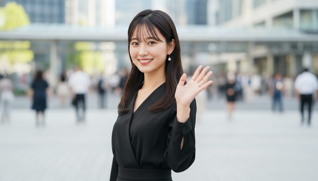 待ち合わせ場所で黒いブラウスを着た女性が手を振っているポートレート