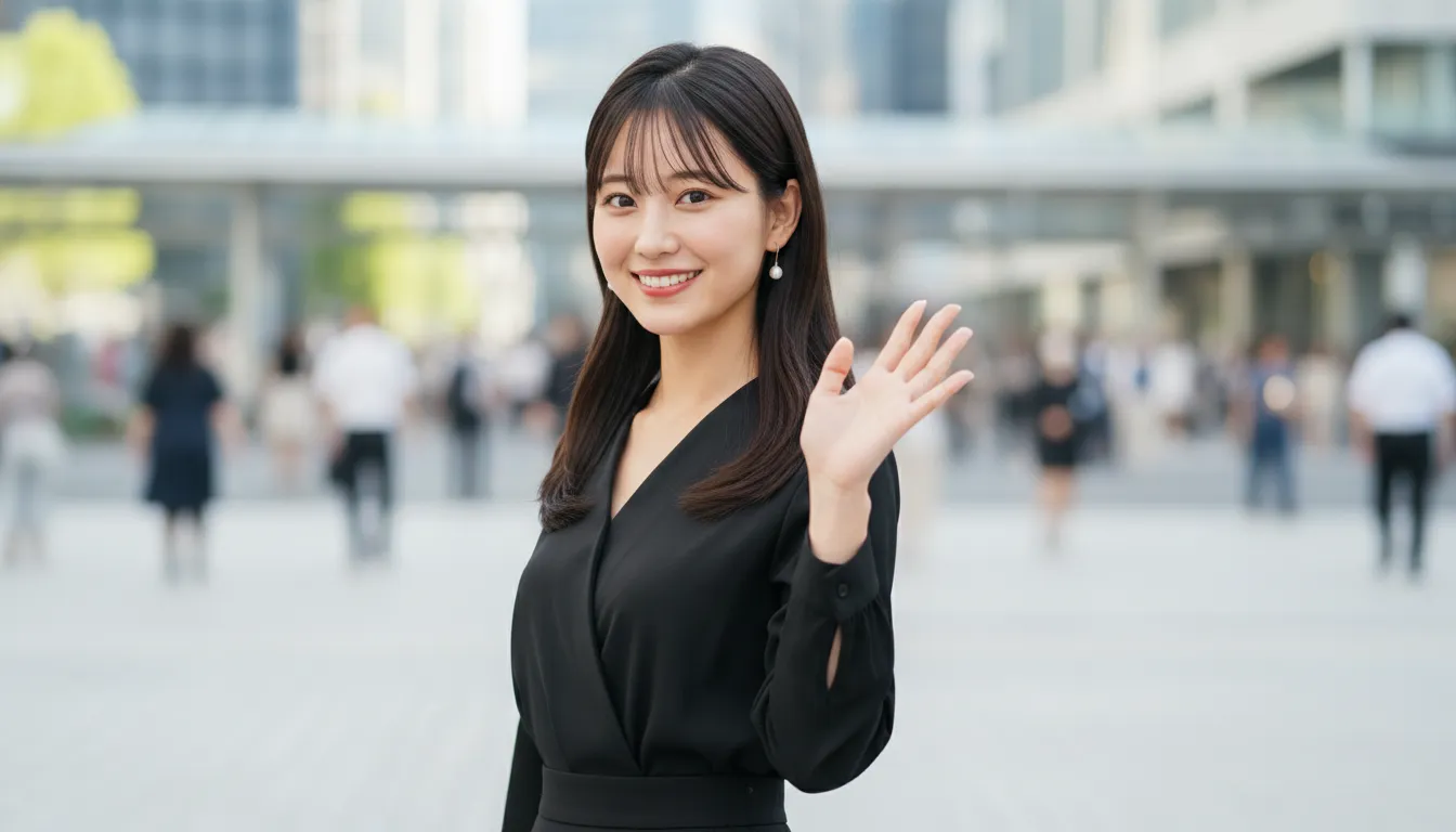 待ち合わせ場所で黒いブラウスを着た女性が手を振っているポートレート