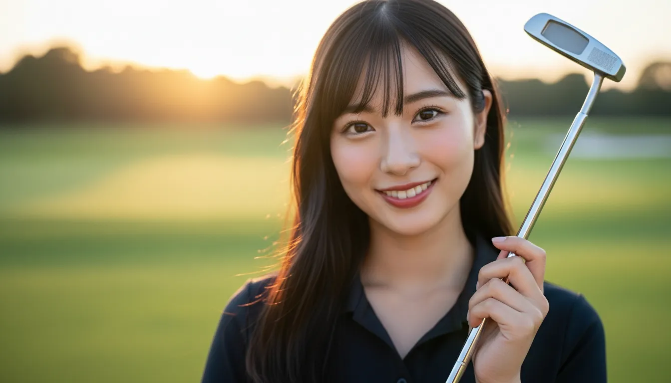 朝早くのゴルフ場でグリーンの上でパターをもって微笑んでいる女性