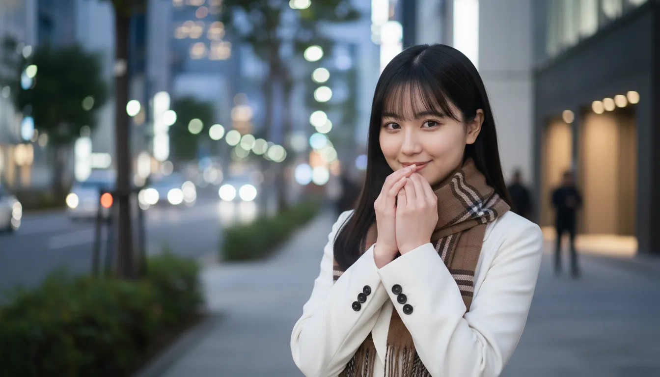 白いコートを着た女性が寒そうに自分の手に息を吹きかけているポートレート画像