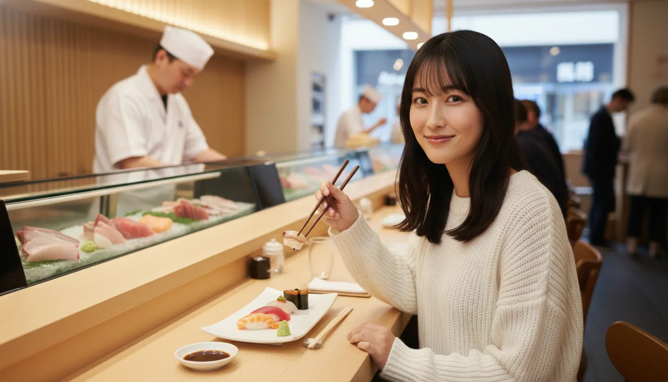 お寿司屋さんのカウンターで食事をする女性