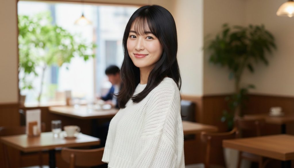 カフェ店内にいる白いニットで着ている女性がこちらを見て微笑んでいる