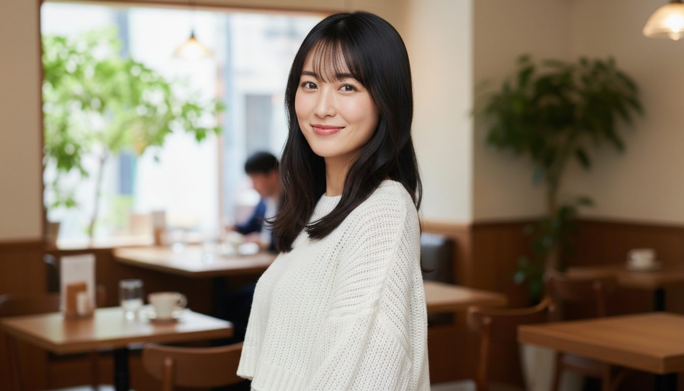 カフェ店内にいる白いニットで着ている女性がこちらを見て微笑んでいる