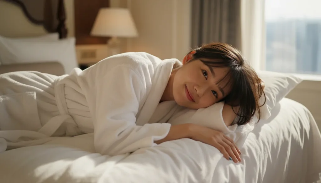 高級ホテルの一室で白いバスローブの女性がうつぶせになりながら微笑みを見せているポートレート
