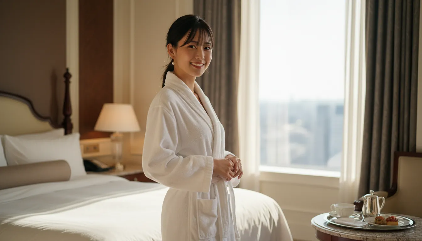 甲十ホテルの一室でバスローブを着て笑っている女性