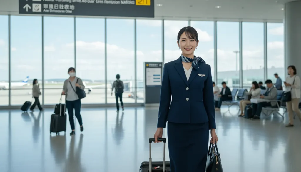 客室乗務員の女性が成田空港のロビーを歩いている