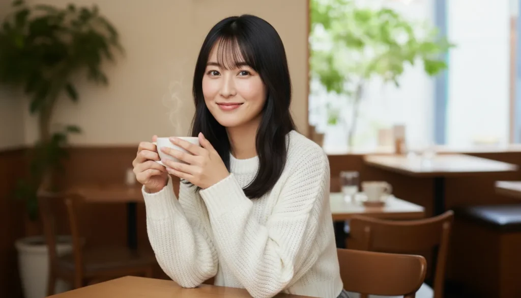 白いニットを着た女性がコーヒーカップをもってこちらを微笑んでいる