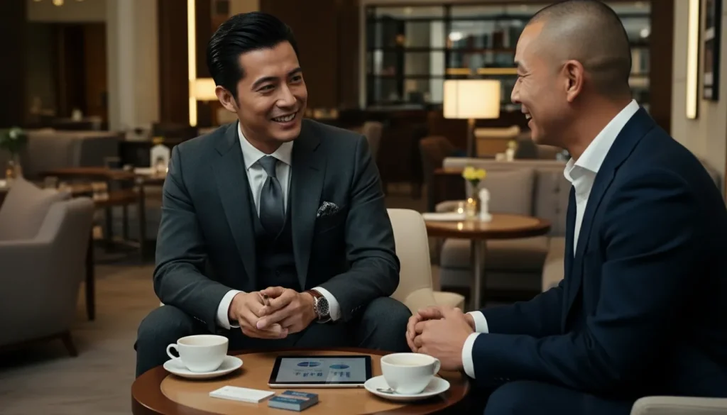 50代会社役員の男性と著者のシゾンが高級ラウンジカフェで椅子に座って商談している様子