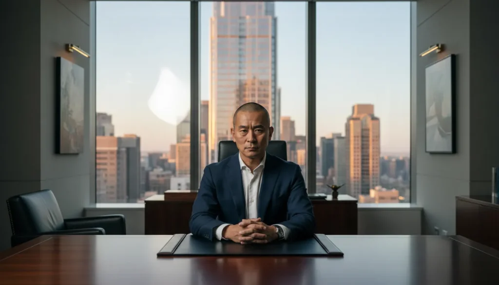 高層ビルを背景に渋い顔をしている著者