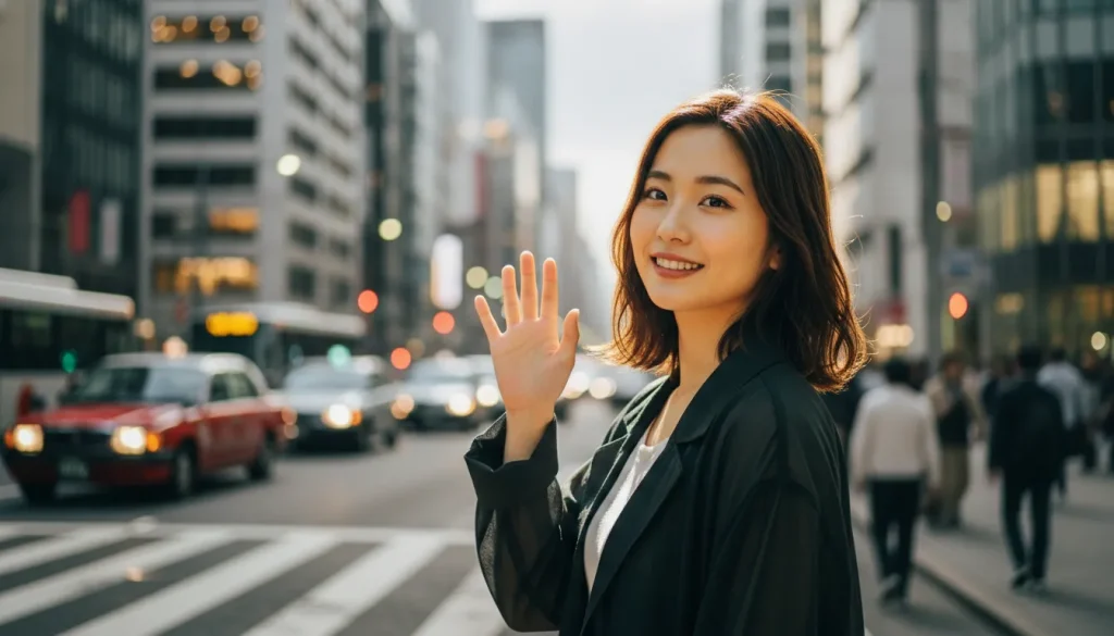 都会の喧騒を背景にこちらに気付いて手を振る女性のポートレート