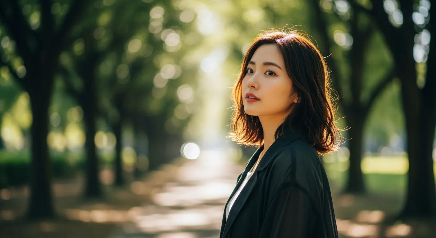 木漏れ日の中で女性がタダ図んでいる