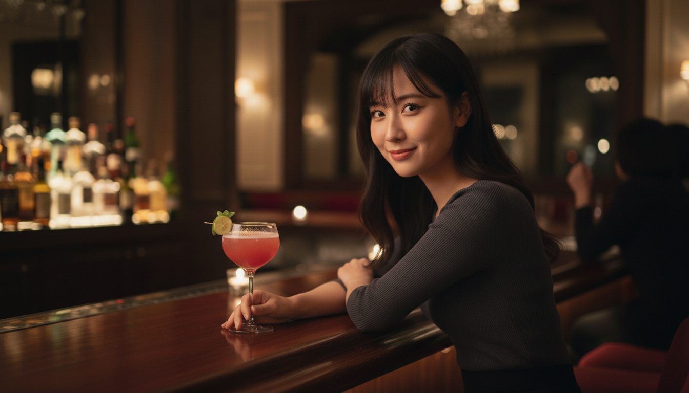 バーカウンターでカクテルを飲んでいるゴルフ女子