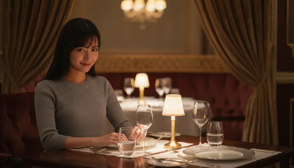高級イタリアンの個室で一緒に食事してる女性が、不敵な笑みを浮かべながらこちらを見ている