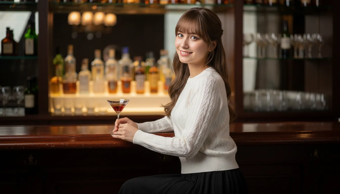 高級なbarのカウンターでカクテルを飲んでいる外国人女性会員のジェシカ