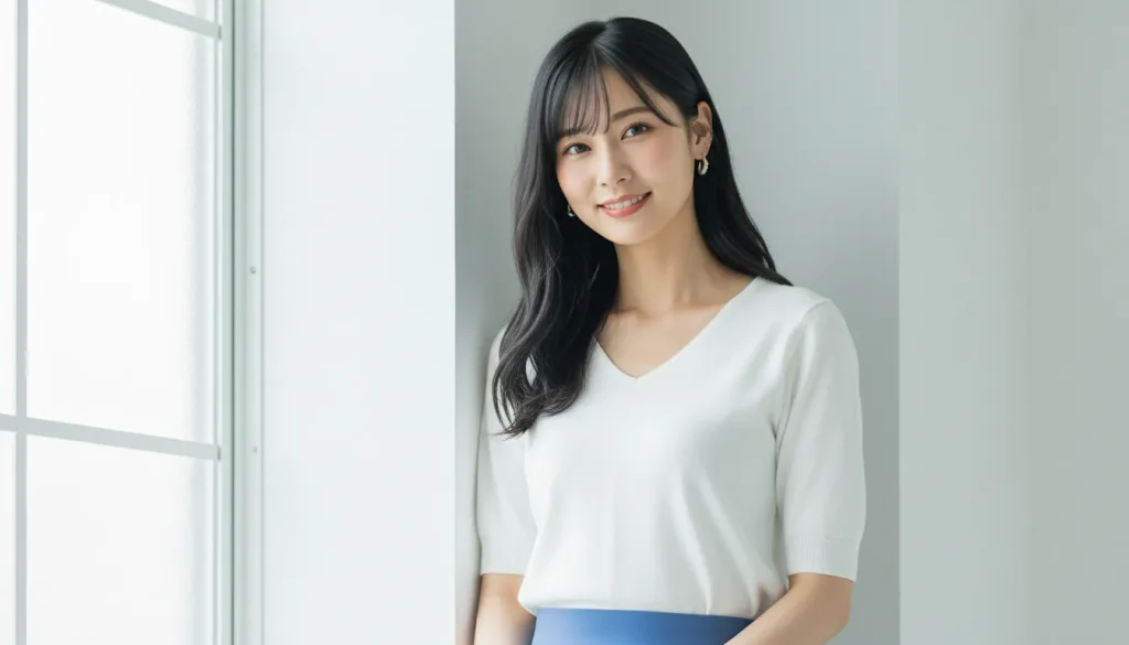 白いトップスで部屋の片隅で微笑んで立っている女性のポートレート