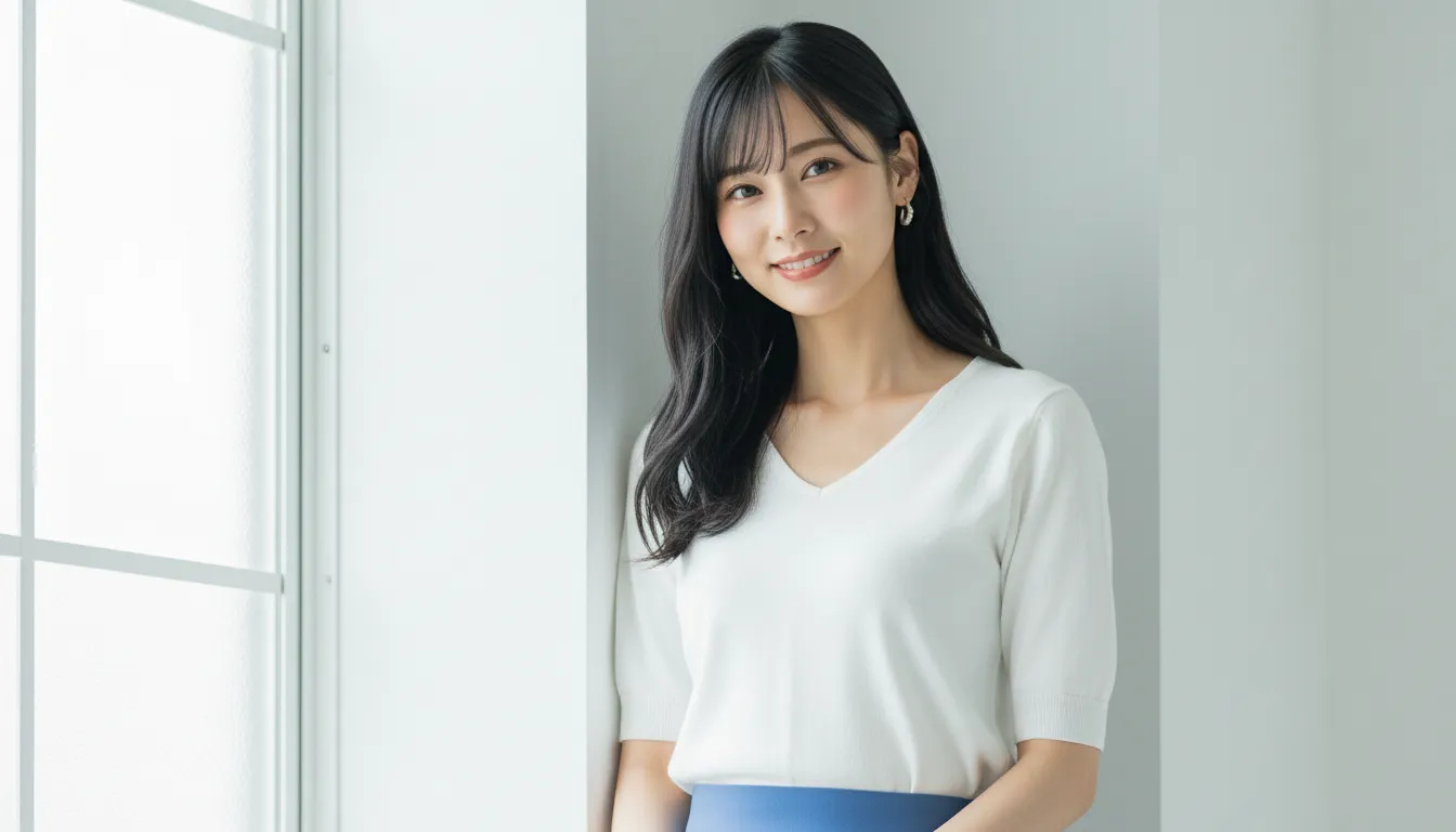 白いトップスで部屋の片隅で微笑んで立っている女性のポートレート