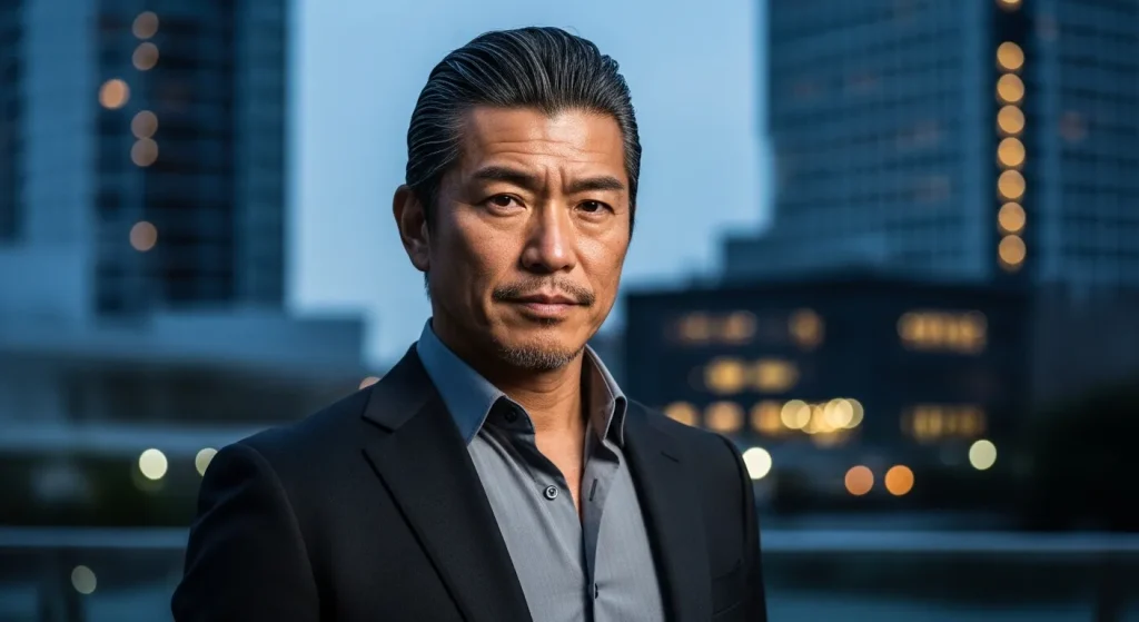 強面な男性がグレーのワイシャツ・黒のスーツを着てこちらを見ている