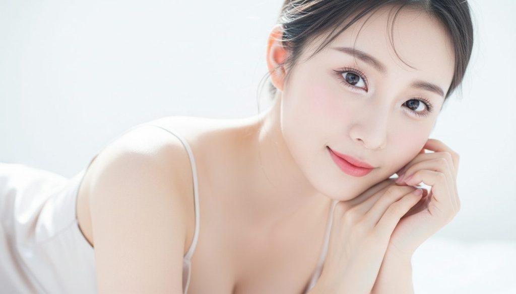 キャミソールの女性がベッドで寝そべっている