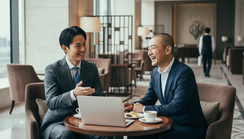 高級ホテルのラウンジカフェで談笑しながら打ち合わせをしている伍島さんとシゾン