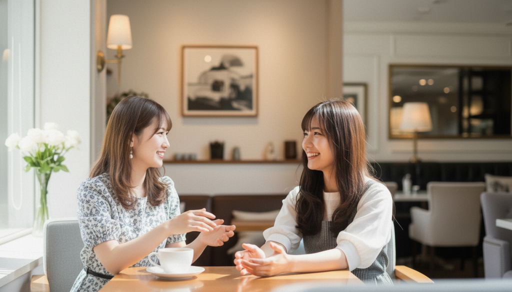 著者であるシゾンの娘二人の凛と蘭がカフェで談笑しているポートレート