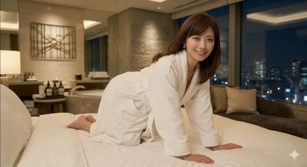 高級ホテルのベッドの上で四つん這いになっている女性のポートレート