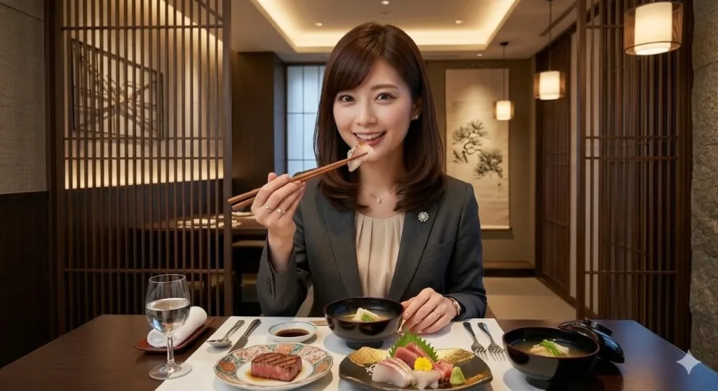 受付嬢が高級和職のお店で食事をしている