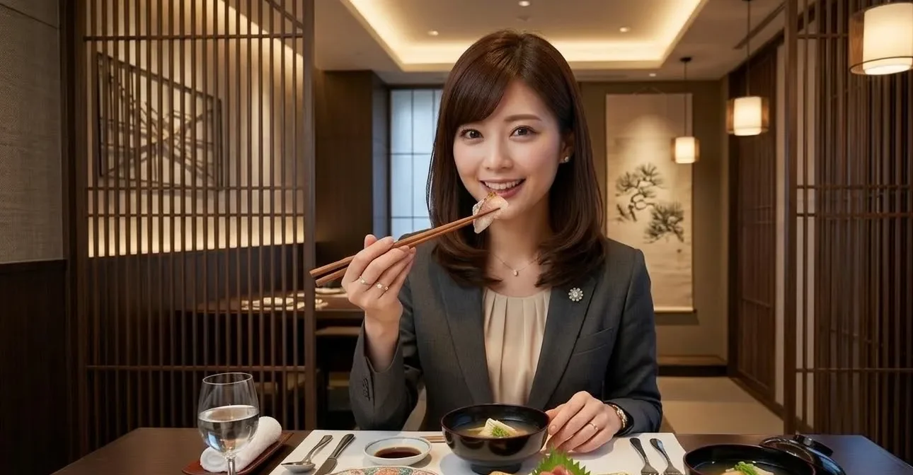 受付嬢が高級和職のお店で食事をしている