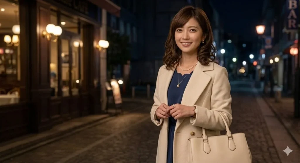 夜の銀座に佇んでいる女性のポートレート