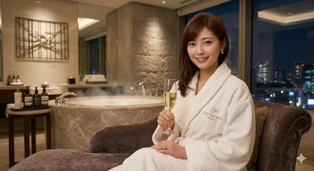 高級ホテルのソファーでシャンパンを持っている女性のポートレート