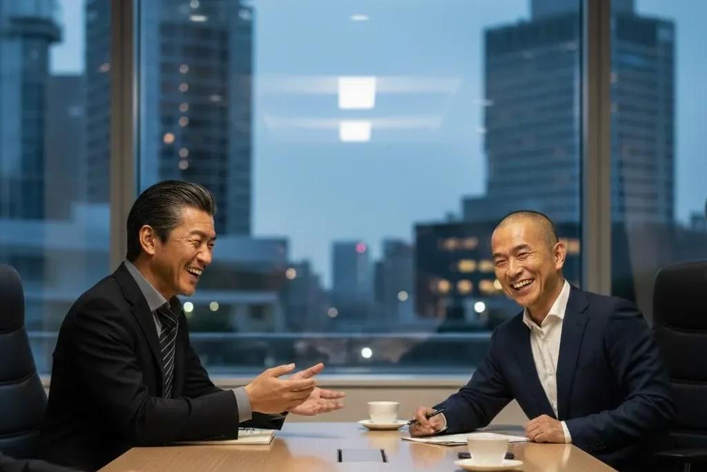 ブラッククラスの男性二人が、会議室で談笑している