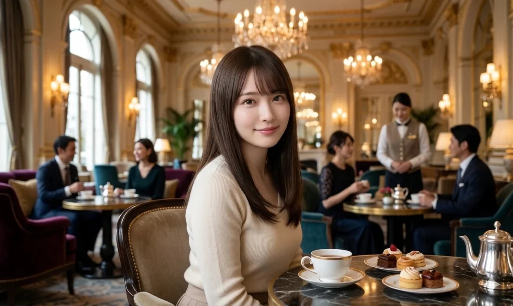 高級ホテルのラウンジで座っている清楚系の女性