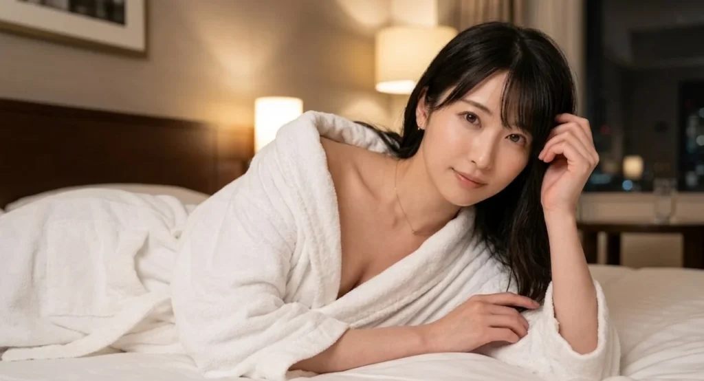 スイートルームではだけたバスローブを着てベッドに横になっている葉月さんのポートレート