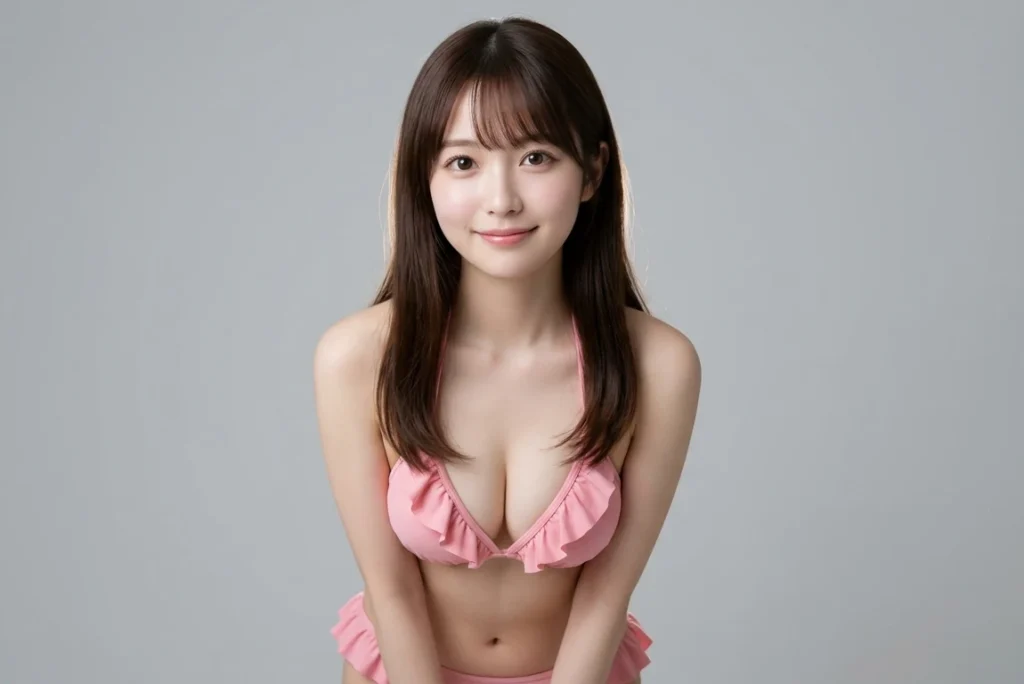 ピンク色のビキニを着用しているグラビアアイドルの女性のポートレート