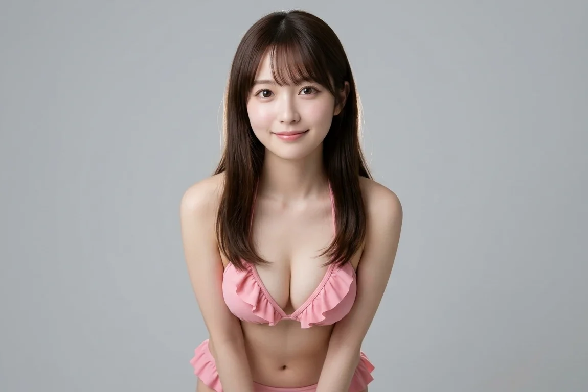 ピンク色のビキニを着用しているグラビアアイドルの女性のポートレート