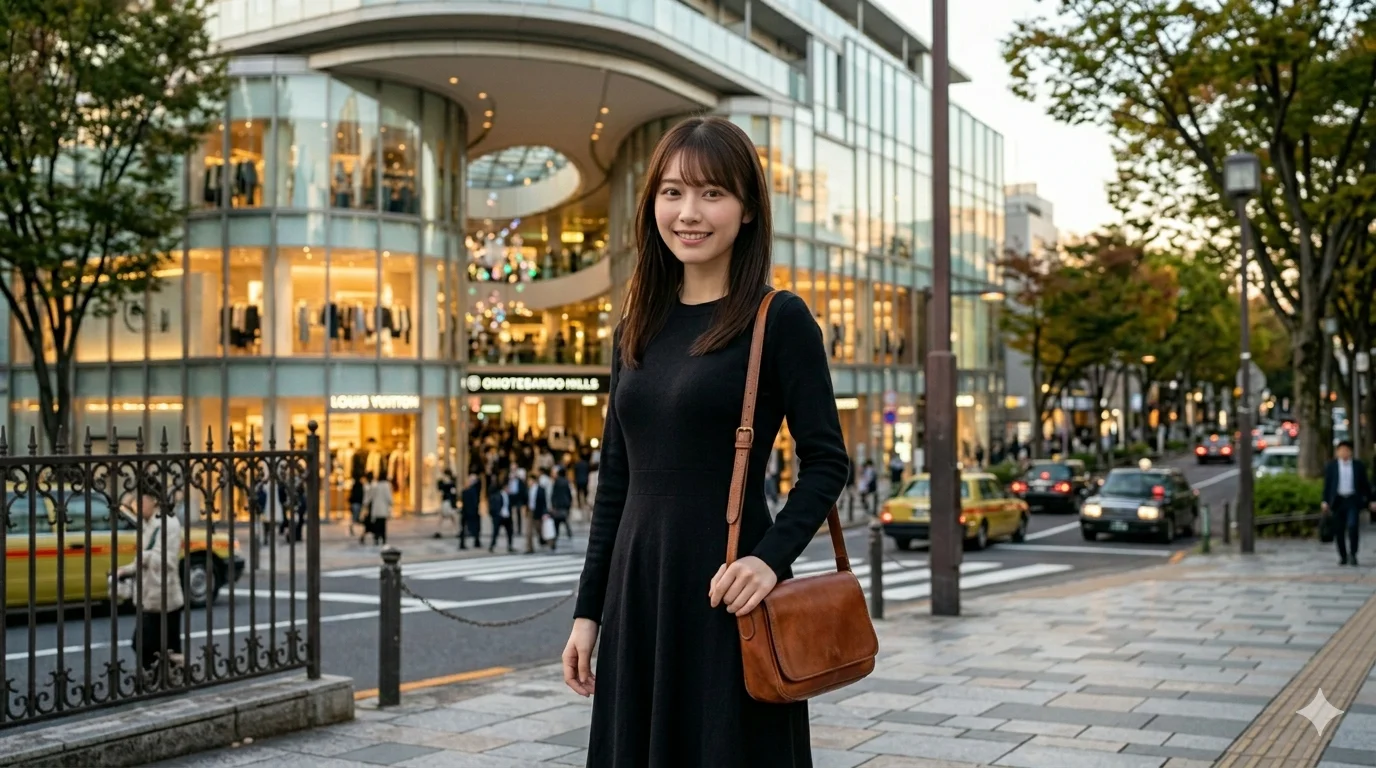 黒いニットのワンピースを着たリサさんのポートレート