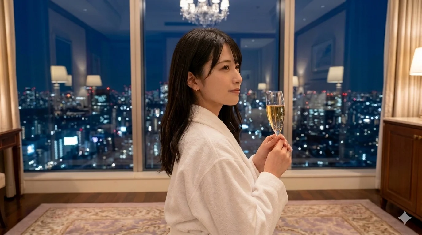 ホテルのスイートルームで佇んでシャンパングラスを持っている葉月さんのポートレート