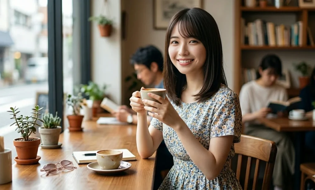 カフェで笑顔でこちらを見ている女性