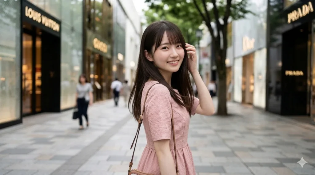 ピンクのワンピースを着た美栄さんのポートレート