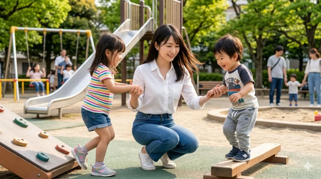 子供と一緒に公園で遊んでいる葉月さん