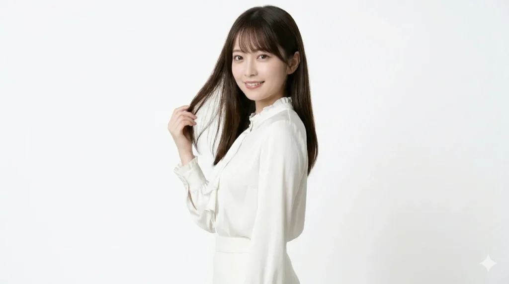 グラビアアイドルの遥さんが清楚系な服を着て立っているポートレート