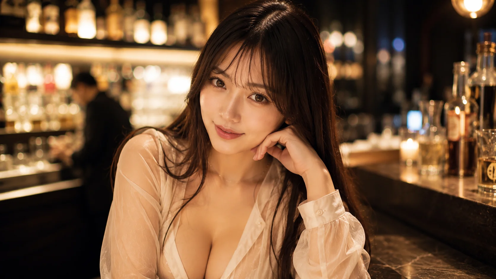 barで色っぽくこちらを見る女性