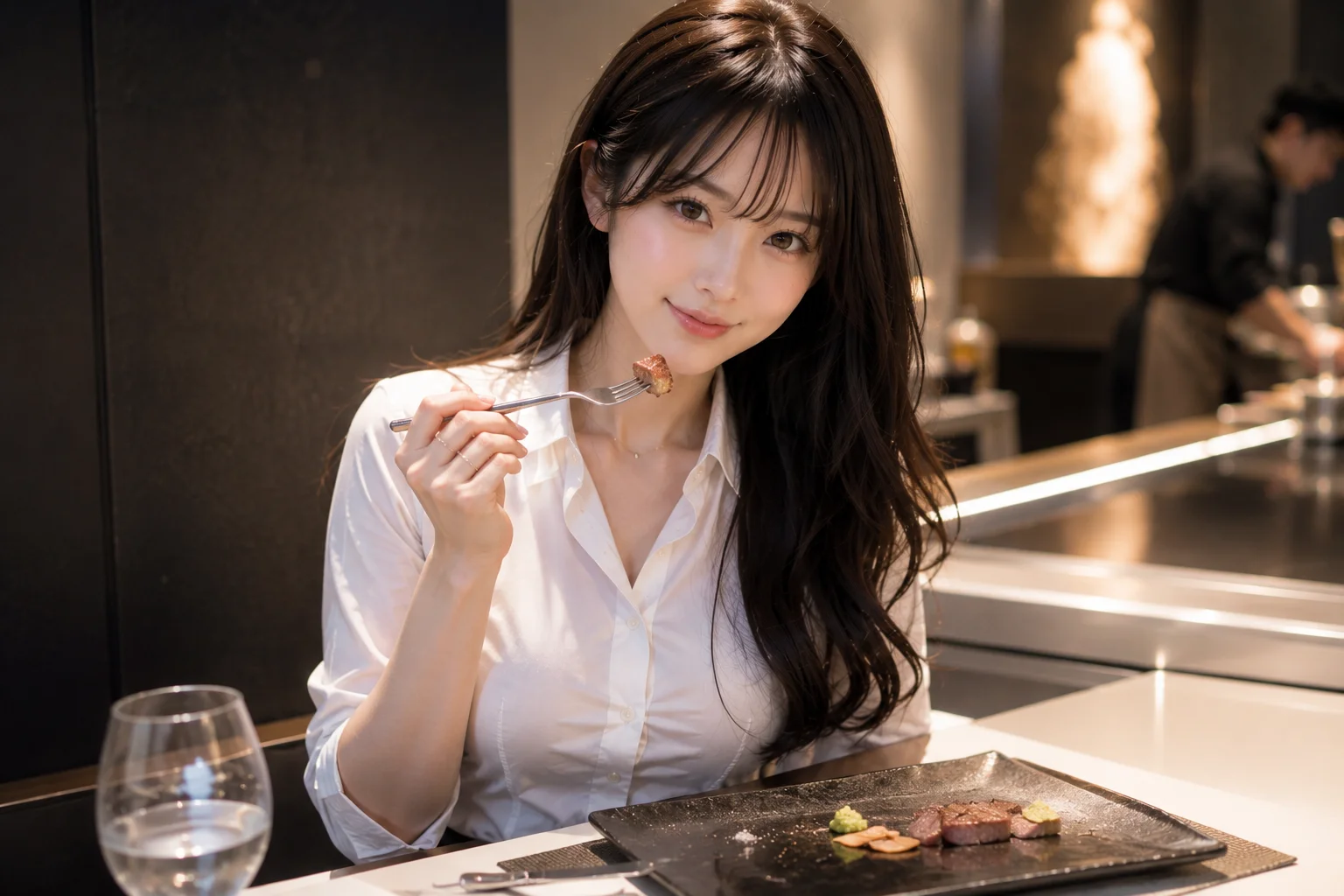 鉄板焼きで食事して食べている七海さん