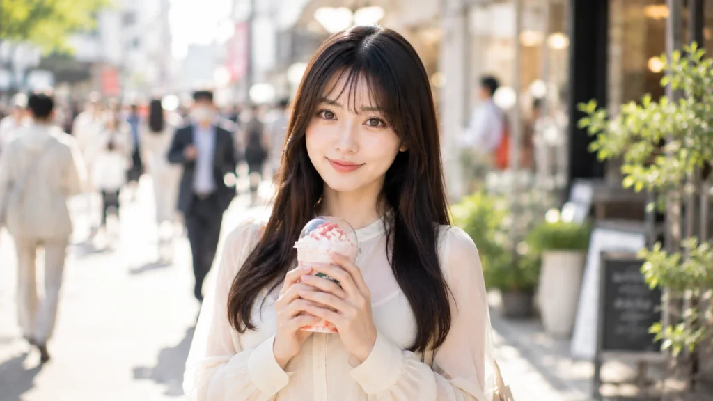 24歳の佐都さんがスタバの最新作のフラペチーノを持ってこっちを微笑んでいるポートレート